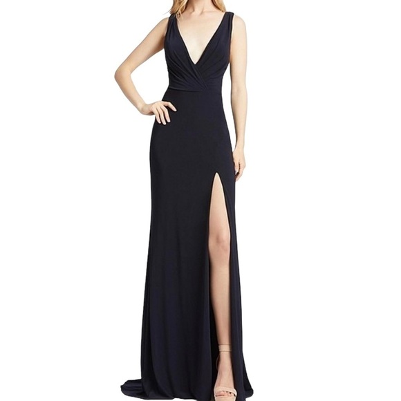 Mac Duggal Ruched Deep V Neck Gown Sleeveless Dress Leg Slit Navy Blue Size 12 - Picture 1 of 11